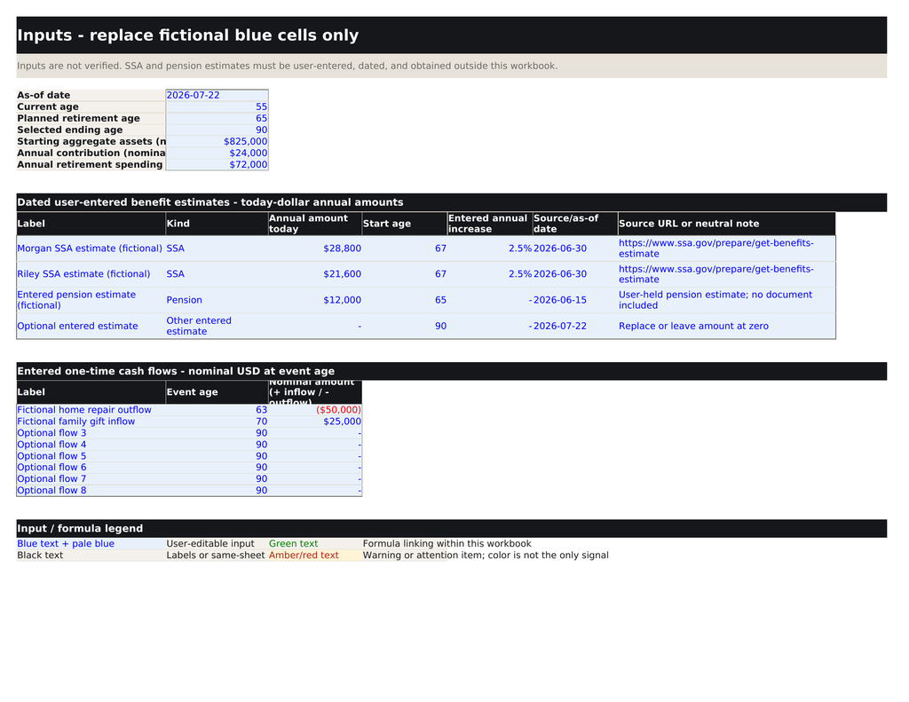 Excel inputs sheet with blue editable retirement assumptions and dated benefit estimates