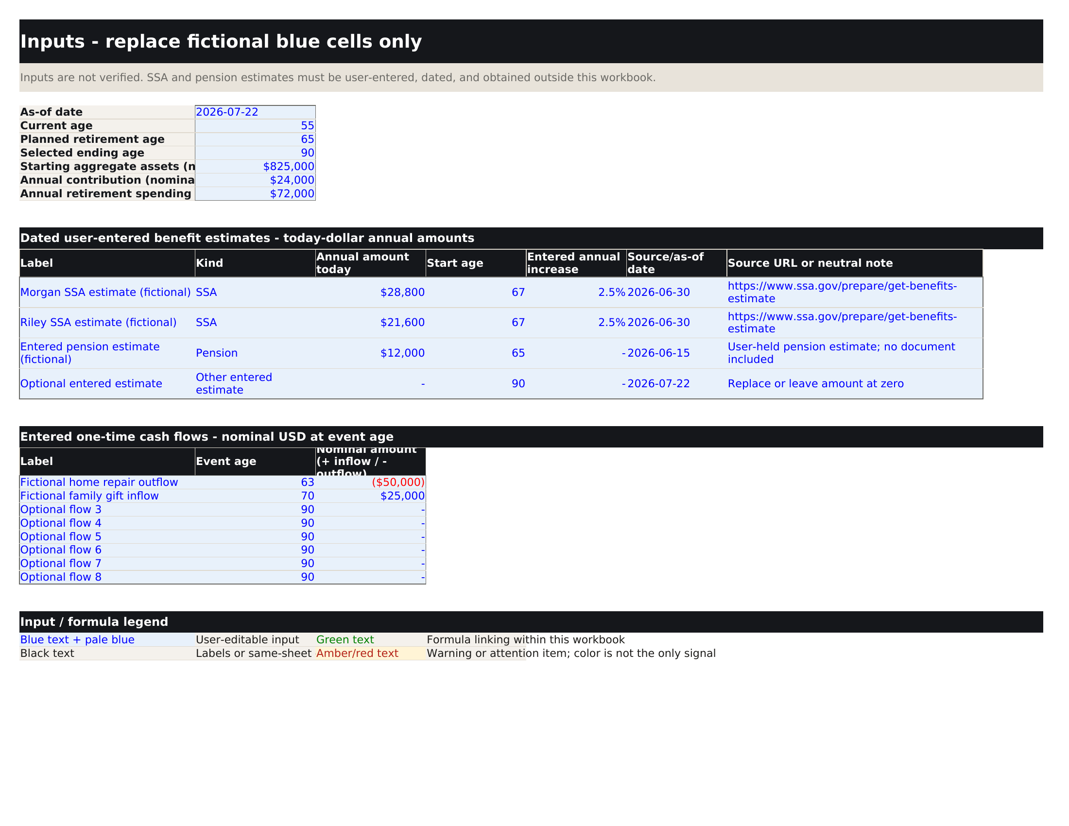 Excel inputs sheet with blue editable retirement assumptions and dated benefit estimates