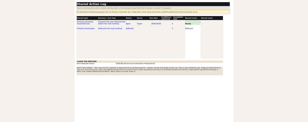 Shared workbook action log with status, owner, due date, confidence, and shared notes.