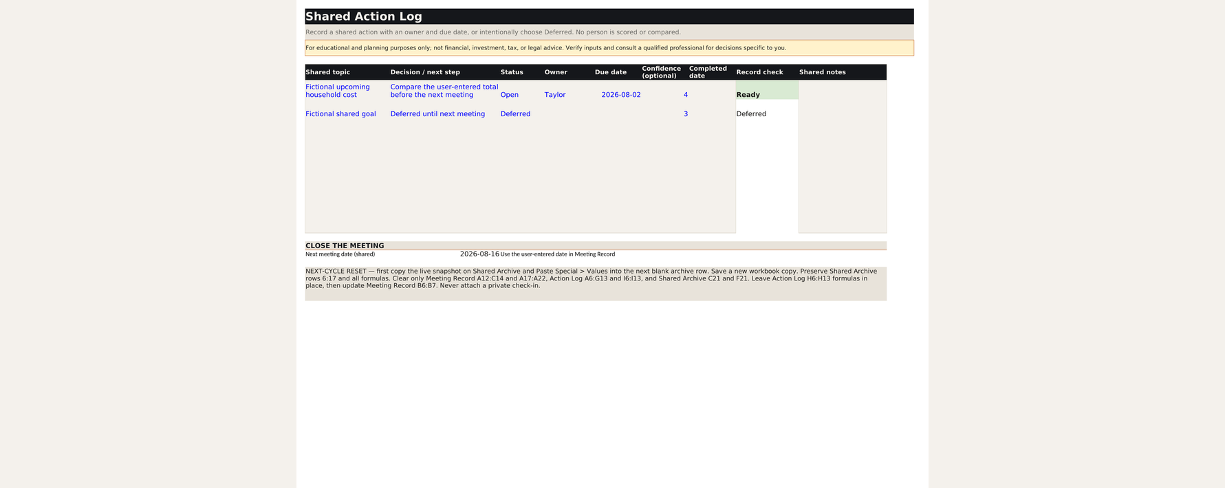Shared workbook action log with status, owner, due date, confidence, and shared notes.