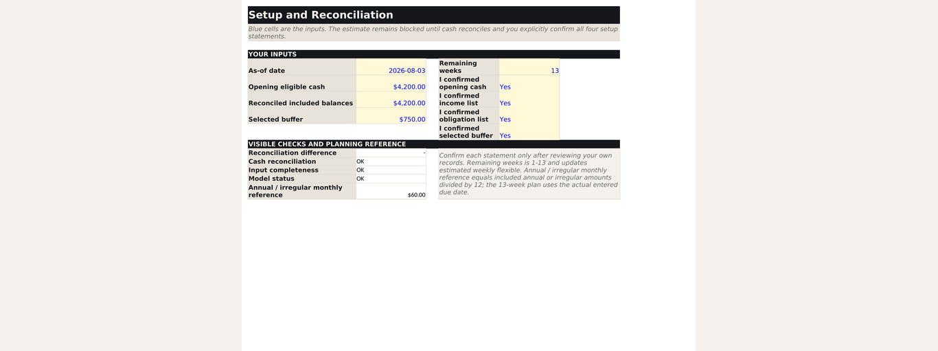 Setup sheet with editable planning inputs and visible reconciliation checks.