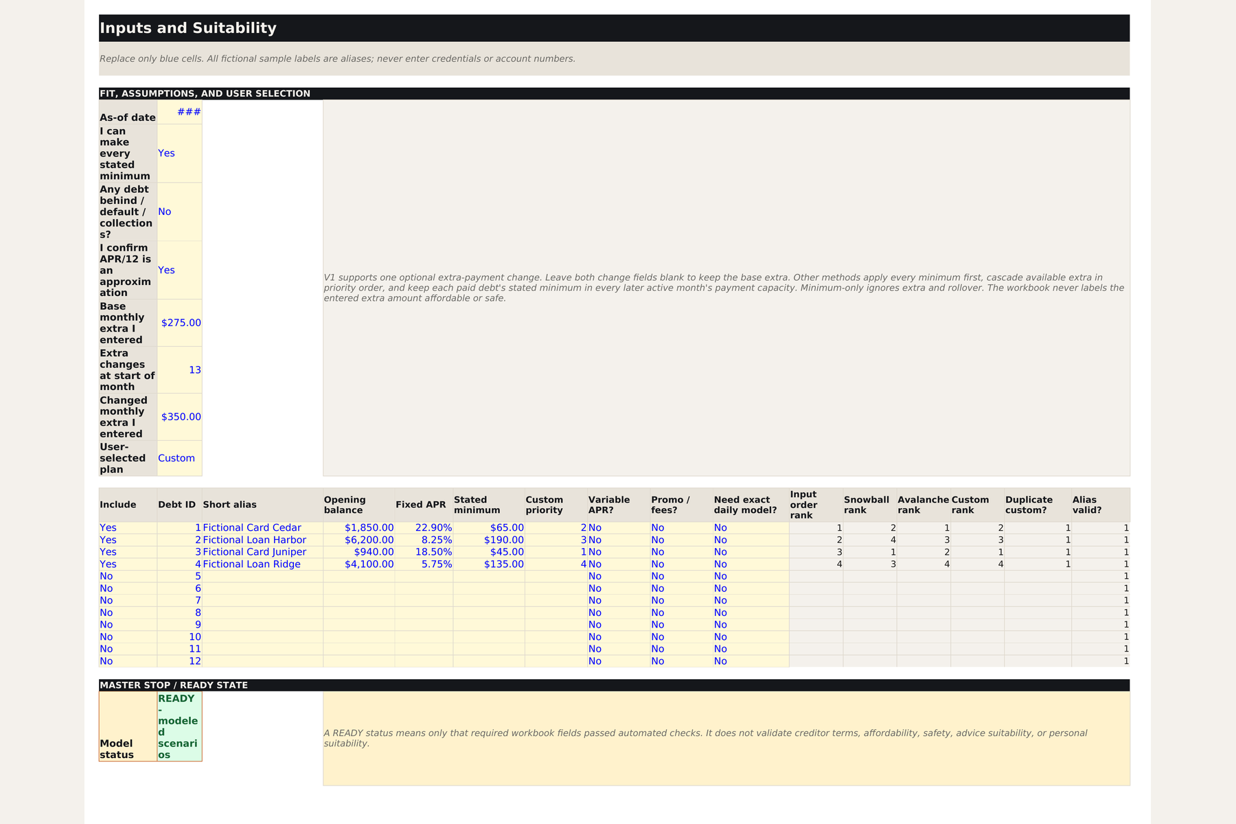 Debt Lab Inputs worksheet with fit questions, extra-payment fields, debt aliases, balances, APRs, minimums, and priorities.