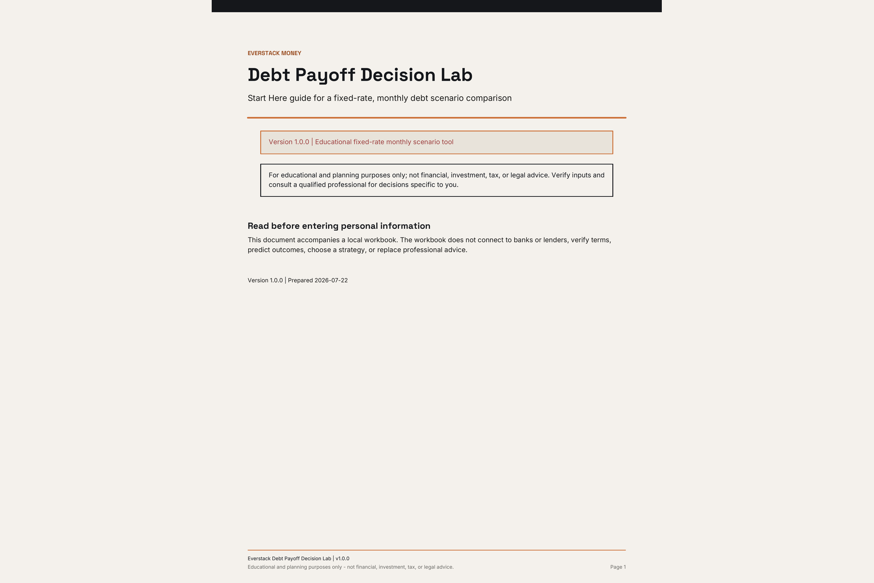 Cover of the Debt Payoff Decision Lab Start Here PDF guide.