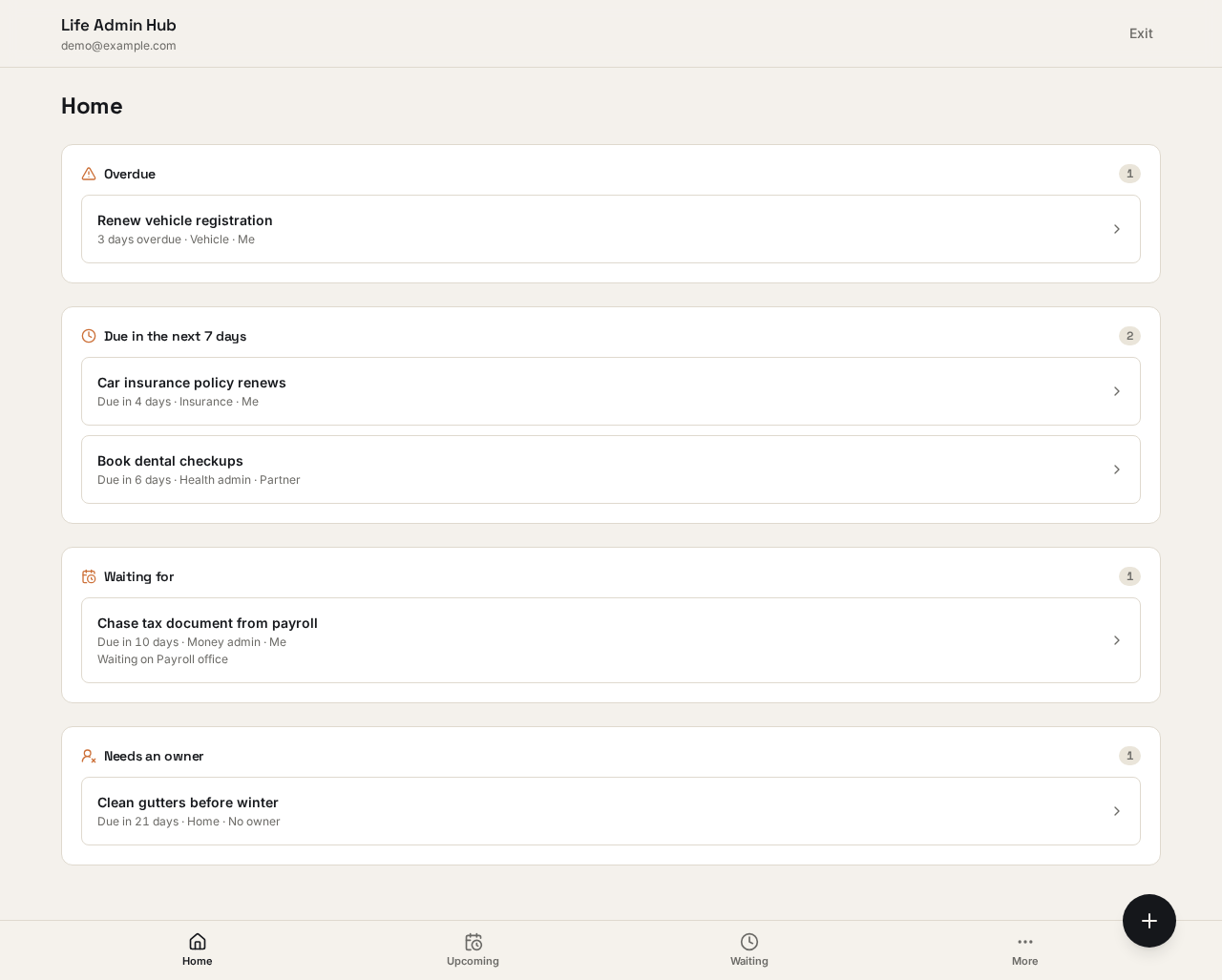 Life Admin Hub web app home screen (sample data): Overdue, Due in the next 7 days, Waiting for, and Needs an owner cards listing obligations with due dates, domains, and owners.