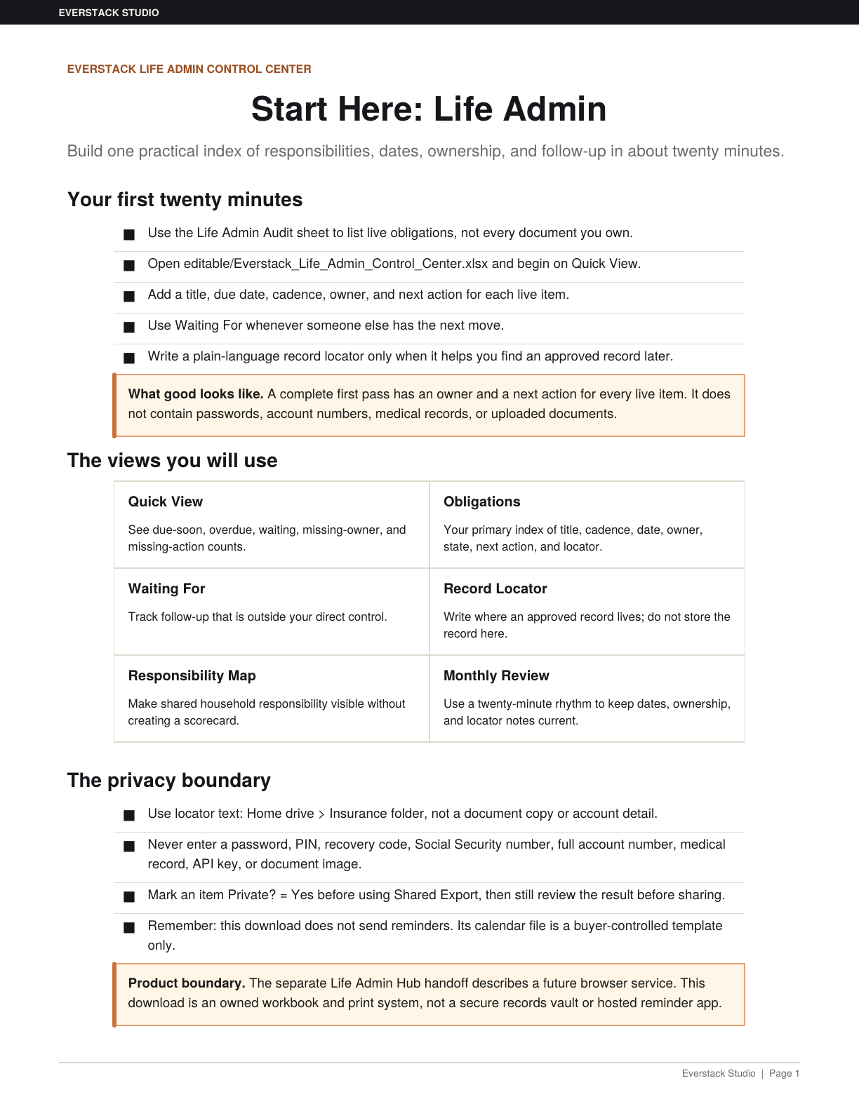 Life Admin Complete bundle — the Life Admin Control Center download plus 12 months of Hub access