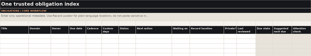Life Admin Obligations worksheet with editable responsibility fields.