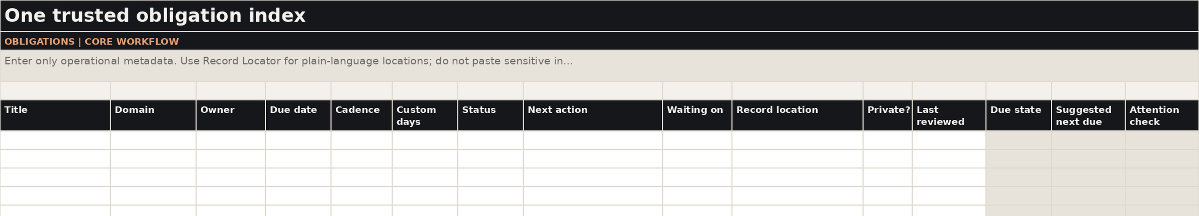Life Admin Obligations worksheet with editable responsibility fields.