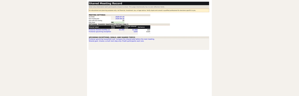 Shared workbook meeting record with shared totals, next meeting date, and shared topics.
