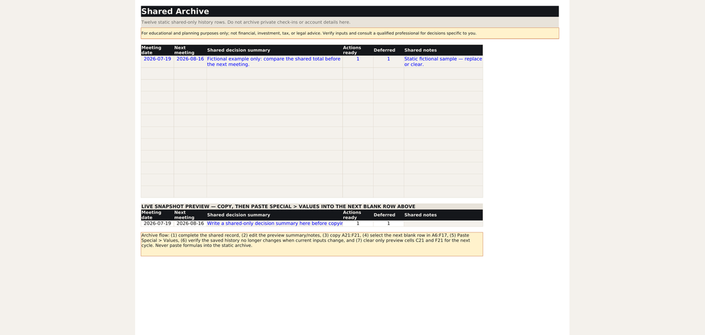 Shared archive worksheet with static history rows and a live snapshot preview for paste-as-values archiving.