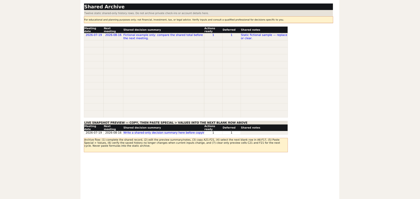 Shared archive worksheet with static history rows and a live snapshot preview for paste-as-values archiving.