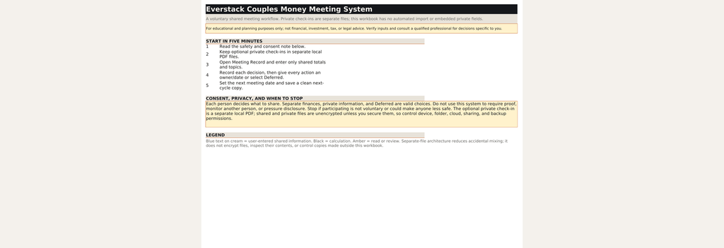 Shared workbook start screen explaining consent, separate private check-ins, and five setup actions.