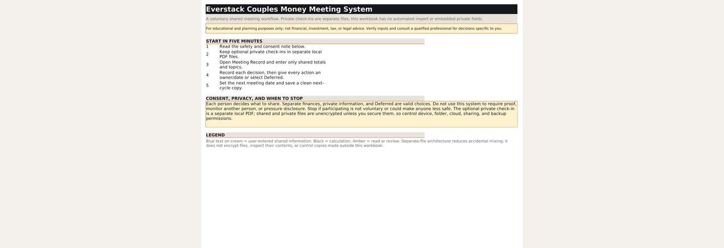 Shared workbook start screen explaining consent, separate private check-ins, and five setup actions.