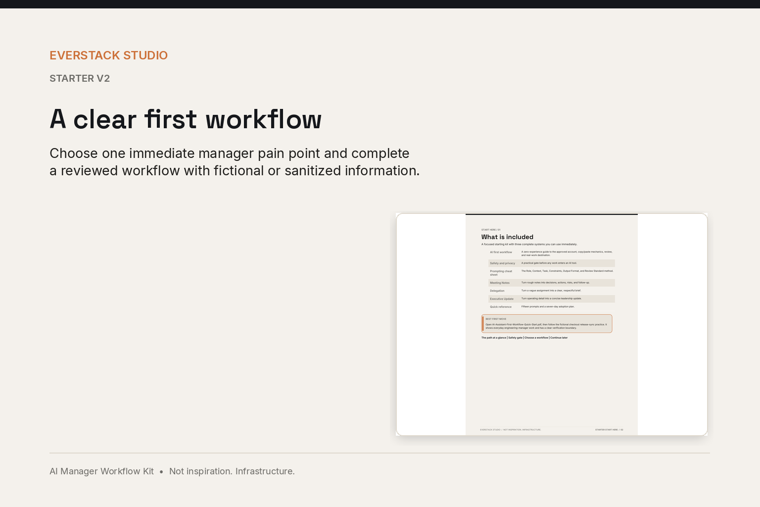 Starter v2 beginner quick-start page presented on a warm Everstack product canvas